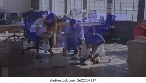 Image of data processing over diverse business people at meeting. global business and digital interface concept digitally generated image.