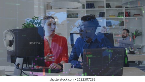 Image of data processing over diverse business people talking. global business and digital interface concept digitally generated image.