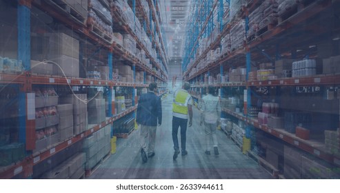 Image of data processing over diverse workers in warehouse. Global business and digital interface concept digitally generated image.