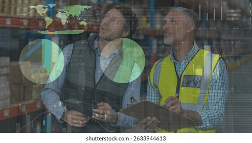 Image of data processing over diverse workers in warehouse. Global business and digital interface concept digitally generated image.