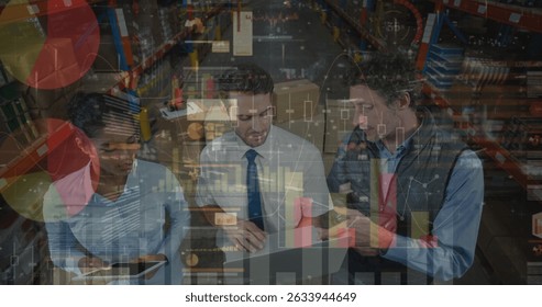 Image of data processing over diverse workers in warehouse. Global business and digital interface concept digitally generated image.