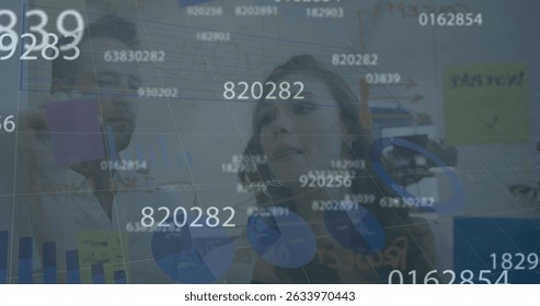 Image of data processing over diverse business people talking. Global business and digital interface concept digitally generated image.