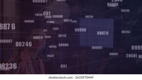 Image of data processing over diverse business people talking. Global business and digital interface concept digitally generated image.