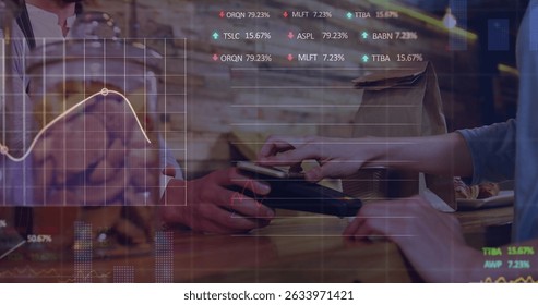 Image of data processing over diverse people paying with smartphone. Global retail, finances and digital interface concept digitally generated image.