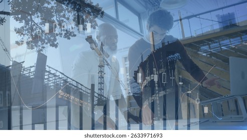 Image of data processing over diverse business people in office. Global business and digital interface concept digitally generated image.