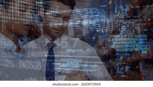 Image of data processing over diverse male and female supervisors discussing at warehouse. Logistics and business technology concept