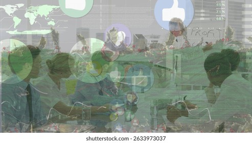 Image of data processing over diverse business people at meeting. Global business and digital interface concept digitally generated image.