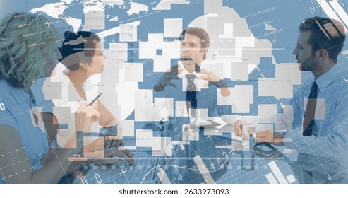 Image of data processing over diverse business people at meeting. Global business and digital interface concept digitally generated image.