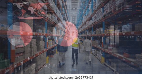 Image of data processing over diverse workers in warehouse. Global business and digital interface concept digitally generated image.