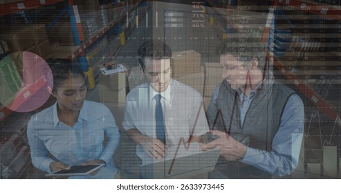 Image of data processing over diverse workers in warehouse. Global business and digital interface concept digitally generated image.