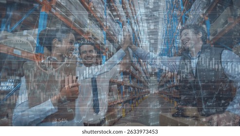Image of data processing over diverse workers in warehouse. Global business and digital interface concept digitally generated image.