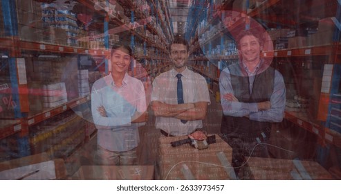 Image of data processing over diverse workers in warehouse. Global business and digital interface concept digitally generated image. - Powered by Shutterstock - Get 15% off with code: PIKWIZARD15