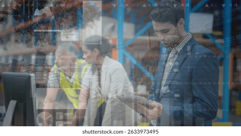 Image of data processing over diverse workers in warehouse. Global business and digital interface concept digitally generated image.
