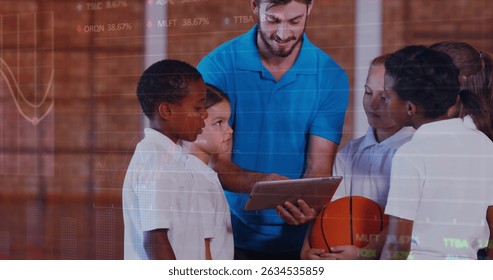 Image of data processing over diverse schoolchildren and teacher using tablet. Global education, computing and digital interface concept digitally generated image.