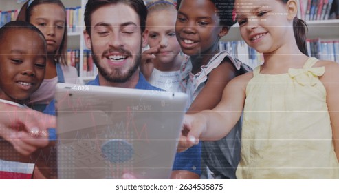 Image of data processing over diverse schoolchildren and teacher using tablet. Global education, computing and digital interface concept digitally generated image.