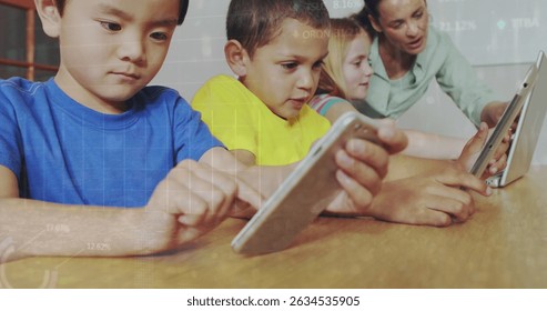 Image of data processing over diverse schoolchildren and teacher using tablet. Global education, computing and digital interface concept digitally generated image.