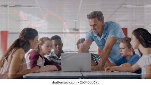 Image of data processing over diverse schoolchildren and teacher using laptop. Global education and digital interface concept digitally generated image.