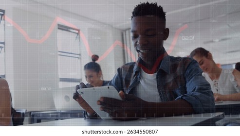 Image of data processing over diverse students using tablets and laptops. Global education and digital interface concept digitally generated image.