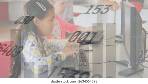 Image of data processing over diverse schoolchildren using computers. Global education and digital interface concept digitally generated image.