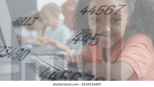 Image of data processing over diverse schoolchildren using computers. Global education and digital interface concept digitally generated image.