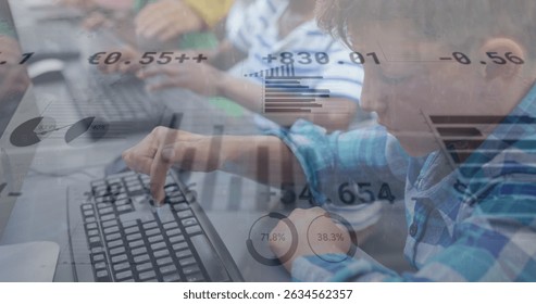 Image of data processing over diverse schoolchildren using computers. Global education and digital interface concept digitally generated image.