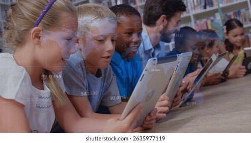 Image of data processing over diverse schoolchildren and teacher using tablets in classroom. Global education, computing and digital interface concept digitally generated image.