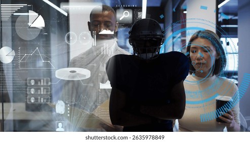 Image of data processing over diverse business people talking and walking. Global business and digital interface concept digitally generated image.