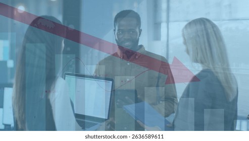 Image of data processing over diverse business people talking in office. Global business and digital interface concept digitally generated image.