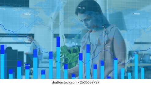 Image of data processing over diverse business people working in office. Global business and digital interface concept digitally generated image.