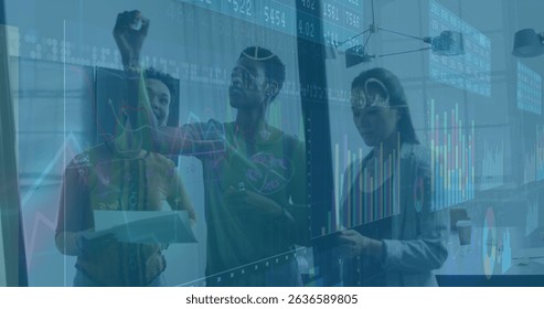 Image of data processing over diverse business people taking notes in office. Global business and digital interface concept digitally generated image. - Powered by Shutterstock - Get 15% off with code: PIKWIZARD15