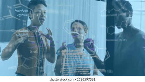 Image of data processing over diverse business people taking notes in office. Global business and digital interface concept digitally generated image. - Powered by Shutterstock - Get 15% off with code: PIKWIZARD15
