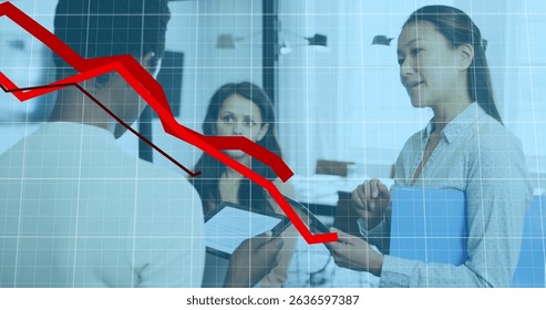 Image of data processing over diverse business people talking in office. Global business and digital interface concept digitally generated image.