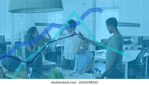 Image of data processing over diverse business people talking in office. Global business and digital interface concept digitally generated image.