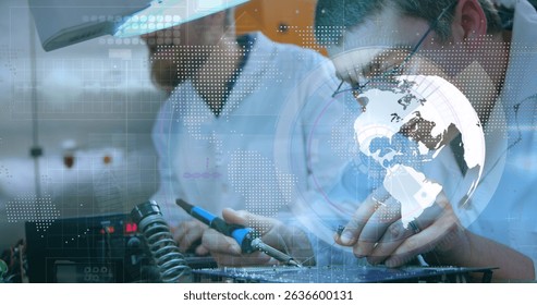 Image of data processing over diverse business people. Global business digital interface technology and networking concept digitally generated image.