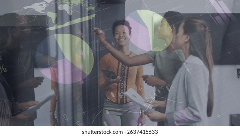 Image of data processing over diverse business people in office. Global business, computing and digital interface concept digitally generated image.