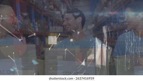 Image of data processing over diverse workers in warehouse. Global business and digital interface concept digitally generated image. - Powered by Shutterstock - Get 15% off with code: PIKWIZARD15