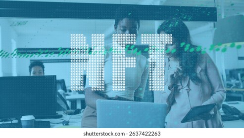 Image of data processing over diverse business people using computer. Global business digital interface technology and networking concept digitally generated image.