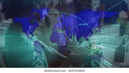 Image of data processing over diverse schoolchildren. Global education and digital interface concept digitally generated image.