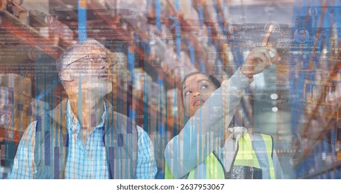 Image of data processing over diverse male supervisor and female worker working at warehouse. Logistics and business technology concept