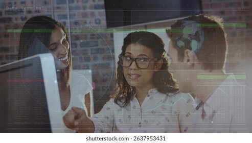 Image of data processing over diverse business people talking. Global business and digital interface concept digitally generated image.