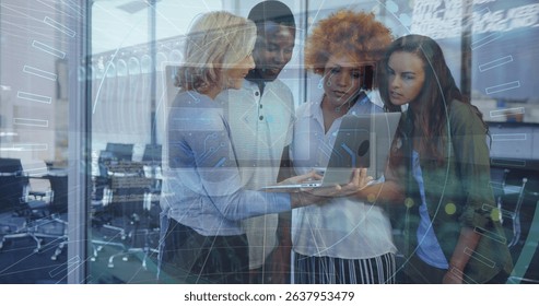 Image of data processing over diverse business people talking. Global business and digital interface concept digitally generated image.