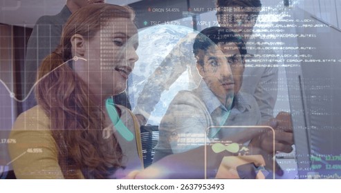 Image of data processing over diverse business people talking. Global business and digital interface concept digitally generated image.