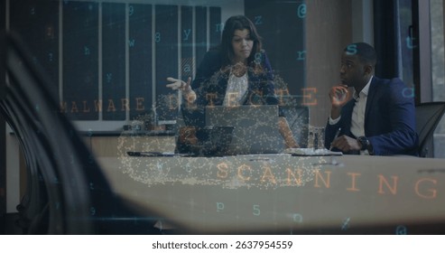Image of data processing over diverse business people in office. Global business and digital interface concept digitally generated image.