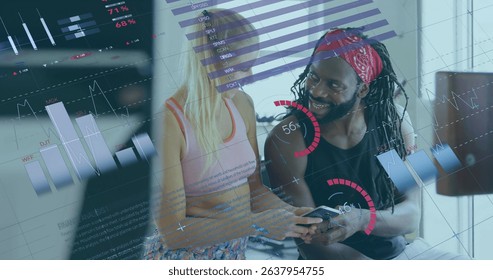 Image of data processing over diverse people using smartphone at gym. Global sport, computing and digital interface concept digitally generated image.