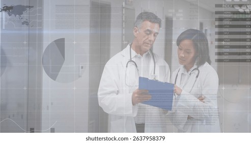 Image of data processing over diverse doctors. Global medicine, computing and digital interface concept digitally generated image.