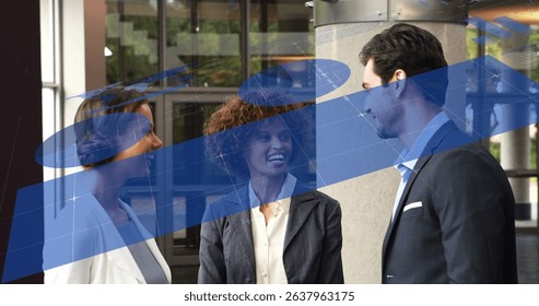 Image of data processing over diverse business people at office. Global business, computing and digital interface concept digitally generated image.