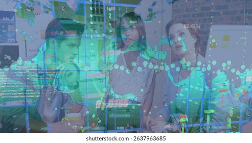 Image of data processing over diverse business people. Global business, finances and digital interface concept digitally generated image.
