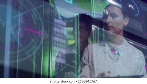 Image of data processing over diverse workers in server room. Global business and digital interface concept digitally generated image.