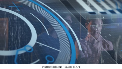 Image of data processing over diverse workers in server room. Global business and digital interface concept digitally generated image.