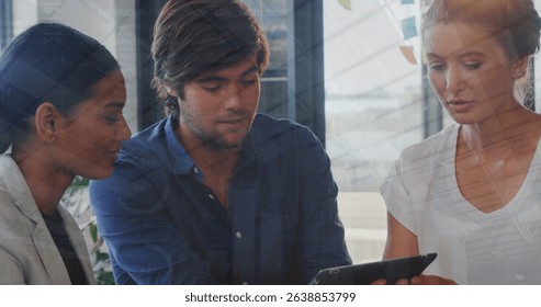 Image of data processing over diverse colleagues discussing over digital tablet at office. Business data and analytics technology concept - Powered by Shutterstock - Get 15% off with code: PIKWIZARD15